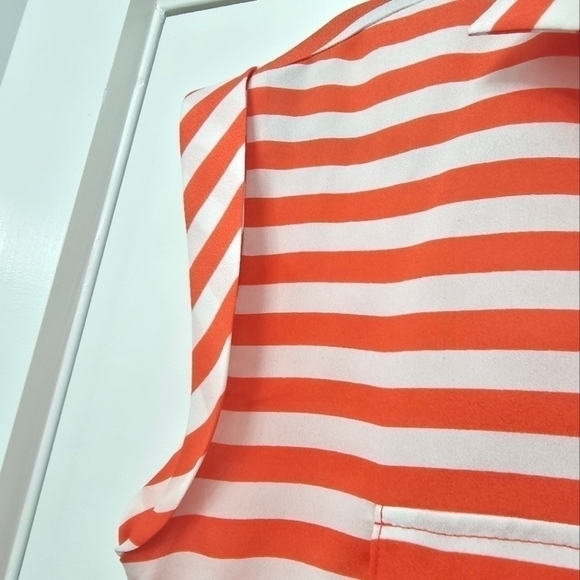 New York & Company Orange Coral White Striped Short Cap Sleeve V Neck Blouse - Picture 6 of 9